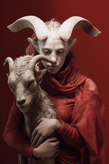 Female horned demon holding a goat