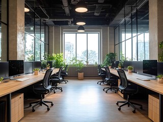 Fototapeta premium Minimalist Coworking Office Mockup plants work desk