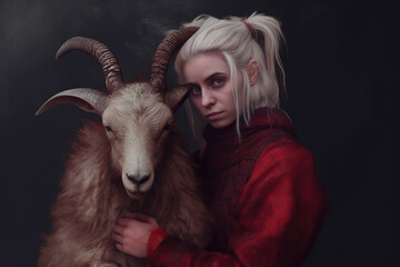 Female horned demon holding a goat