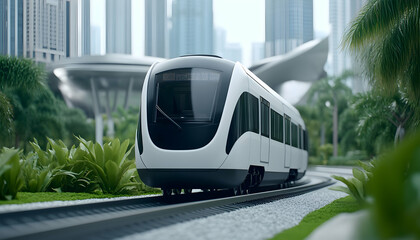 Urban Train travel near new Architecture with green vegetation. Commute or eco-friendly tourism