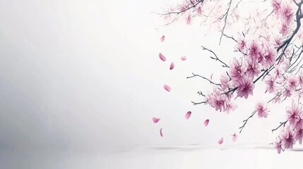 Delicate Pink Cherry Blossom Petals Falling From A Branch Against A Soft White Background