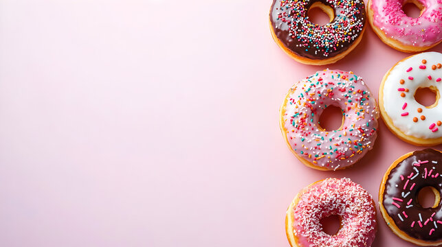 donas de tentacion donas glaseadas con chispas de chocolate sobre un fondo rosa con espacio de copia para dise&ntilde;o de postres 
