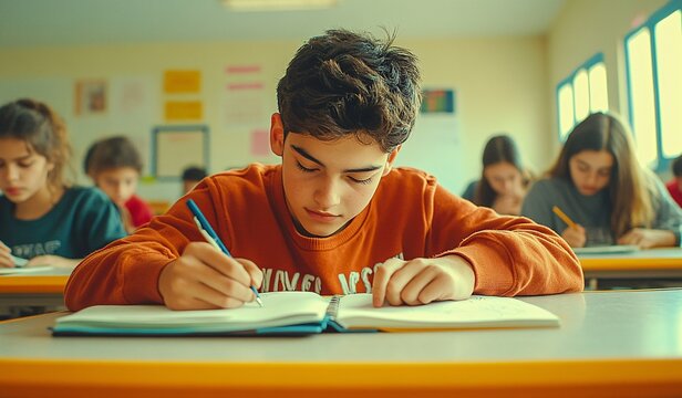 a group of children students are studying at the table discussing