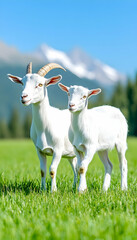 Obraz premium White goat family grazing in a green field with snowy mountains background, for farm or nature stock