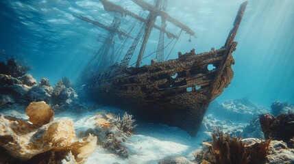 Sunlit shipwreck rests on ocean floor, coral reef background; marine exploration