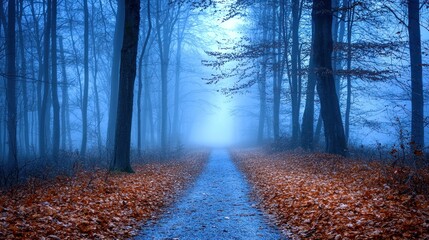 Naklejka premium Misty Forest Path Autumn Leaves Pathway