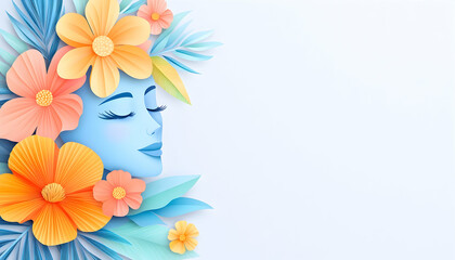 Obraz premium Woman's pastel face surrounded by paper flowers and leaves on a white background for feminine projects