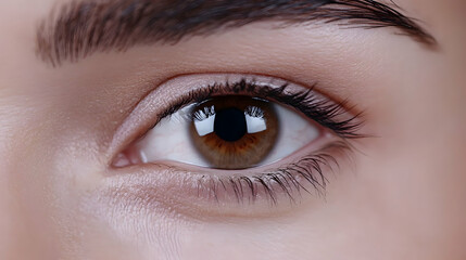 Obraz premium Woman’s eye close-up showing clear detail, and a neutral background. Beauty shot for medical or cosmetic use