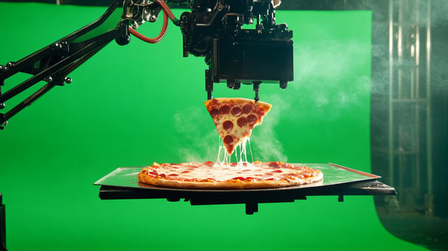 chorma key green screen, slice of pepperonni pizza melting cheese on a long advanced mechanical arm with hot smoking tray, on a green screen. green screen is clean --ar 16:9