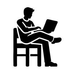 Young boy silhouette working on a laptop while sitting on a chair in a minimalist style on a plain background