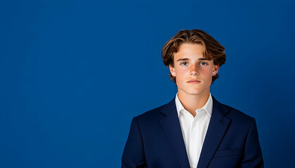 Young man portrait. Well-dressed in a suit against a blue background. Head shot for formal use