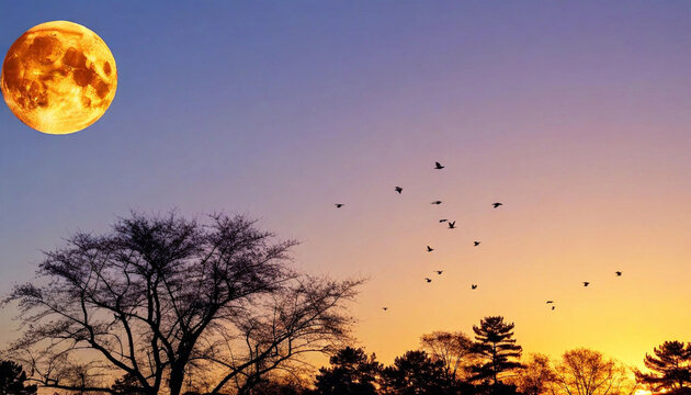 Create a stencil piece of a harvest moon with silhouettes of trees and migrating birds, using bold, contrasting colors.