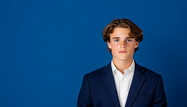 Young man portrait. Well-dressed in a suit against a blue background. Head shot for formal use