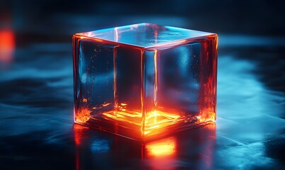 Glowing Ice Cube on a Reflective Surface with Blue and Orange Light Effect