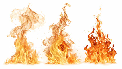 Realistic flames dancing in three different shapes against a white background