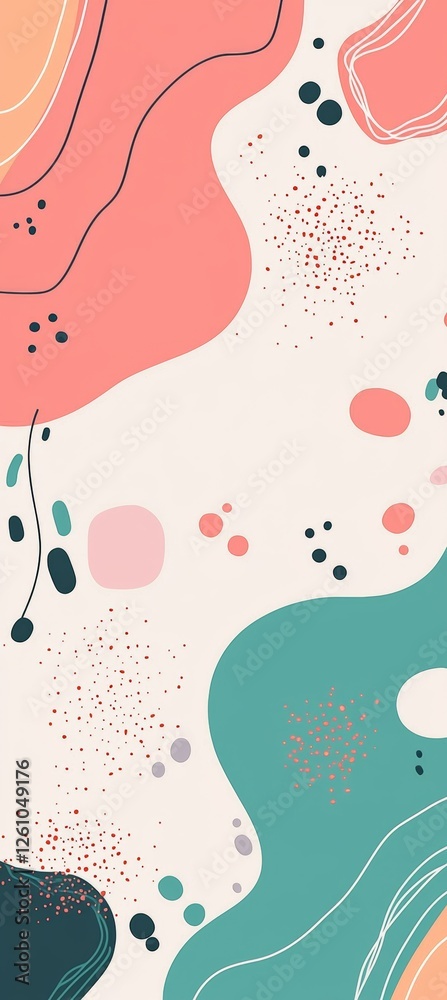 Poster modern abstract background showcasing a dynamic composition of organic shapes, dots, and lines in a 