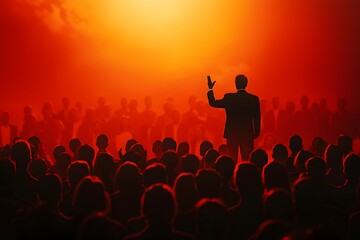 Fototapeta premium Leader on Stage: A solitary figure, silhouetted against a fiery backdrop, stands poised on a stage, addressing a vast crowd. His raised hand and passionate gaze suggest an impactful message.