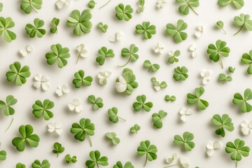 Minimalist Arrangement of Small Shamrocks in a Spiral on Clean White Background