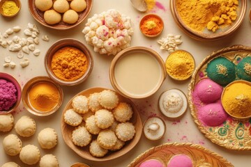Vibrant Holi Spread Featuring Gujiya, Peda, Saffron Milk, and Colorful Rangoli Decorations