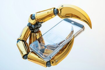 Transparent foldable phone held by a golden robotic claw, perfectly resting on a soft white gradient for symmetry.