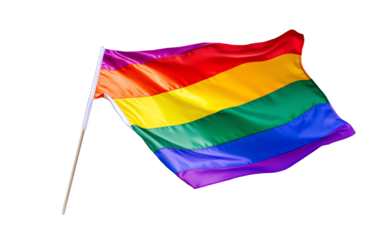 Vibrant rainbow flag waving against a white background, symbolizing LGBTQ+ pride and diversity, representing inclusivity and love.