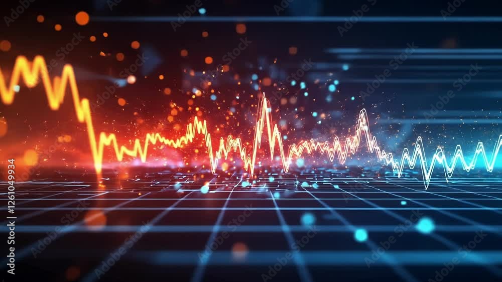 Poster complex digital network processing data represented by glowing lines changing color from red to blue