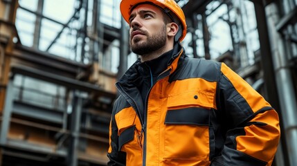 Confident worker contemplates industrial landscape.