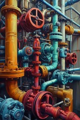 Colorful industrial pipes and valves intricate design