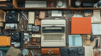 Fototapeta premium Vintage office supplies, nostalgic workspace, creative tools.