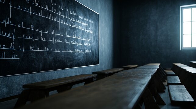 A dimly lit classroom with wooden benches and a chalkboard filled with mathematical equations