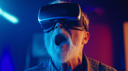 Elderly man wearing virtual reality (VR) headset, amazed expression, experiencing new technology, futuristic yet warm lighting