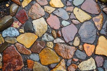 Colorful stones forming a wet pathway reflect the beauty of a rainy day, showcasing a vibrant outdoor scene filled with rich textures and intricate patterns in nature