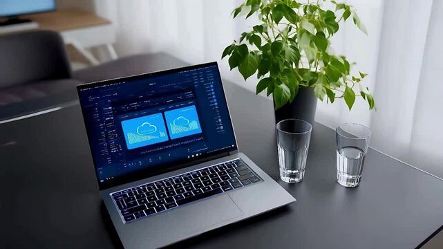 laptop sobre mesa de oficina con vaso de agua y planta