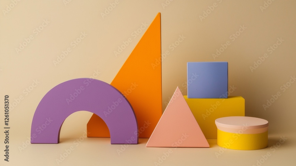Poster geometric shapes of different colors and sizes are creating a visually appealing abstract compositio