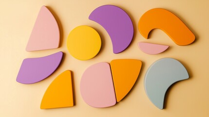 Colorful wooden geometric shapes, including circles, triangles, and crescents, creating an abstract and playful arrangement on a beige background