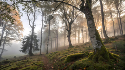 Obraz premium Misty forest scene with sunrays filtering through trees and mossy ground