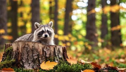 Obraz premium Build a 3d diorama showcasing a curious raccoon peeking out from a hollow tree stump, surrounded by scattered autumn foliage.