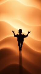 Fototapeta premium Silhouette of a child with arms raised against a layered amber background. Symbolism and hope present.