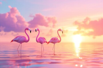 Naklejka premium Three pink flamingos are standing in calm water under a beautiful pastel-colored sunset sky with fluffy clouds, creating a serene and exotic atmosphere