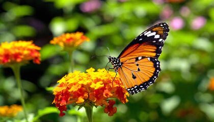 Obraz premium Build a scene featuring a butterfly resting on a colorful flower amidst a backdrop of autumn leaves.