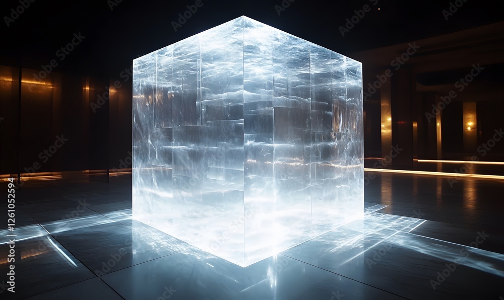 Poster illuminated ice cube structure on tiled floor with modern building background