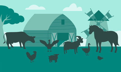 Fototapeta premium Silhouette farm scene with animals, barn, mill
