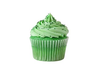 Delicious green cupcake with swirled frosting and sprinkles isolated on white background.