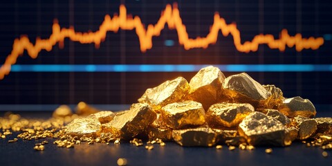 A pile of gold nuggets with a blurred financial market graph in the background