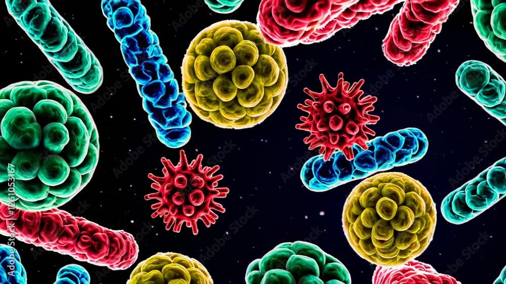 Aufkleber Microscopic view of various colorful bacteria and viruses moving slowly against a black background, creating a mesmerizing and potentially unsettling scientific visualization