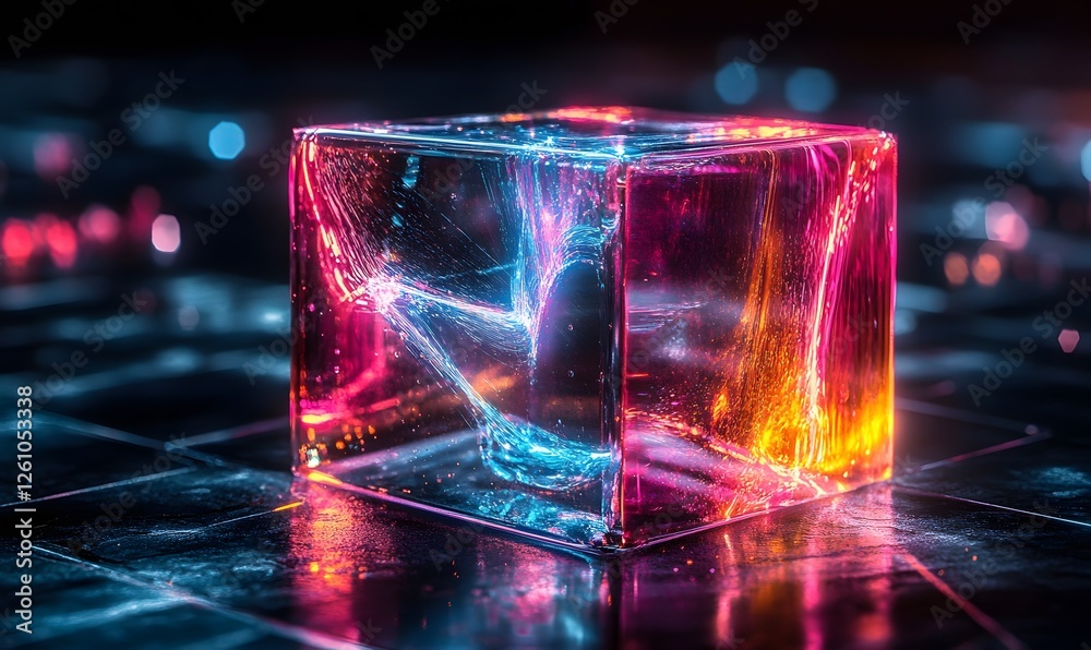 Poster luminous transparent cube with dynamic internal energy and reflective surface 3d render