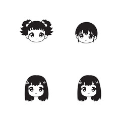 Cute anime faces, chibi style, black and white illustration 
