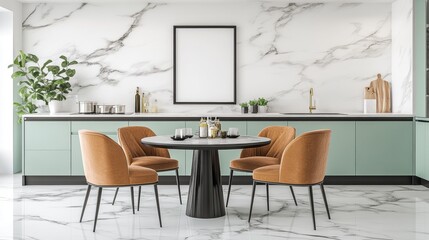 Modern Kitchen Interior Featuring Marble Countertops and Elegant Dining Table with Chairs