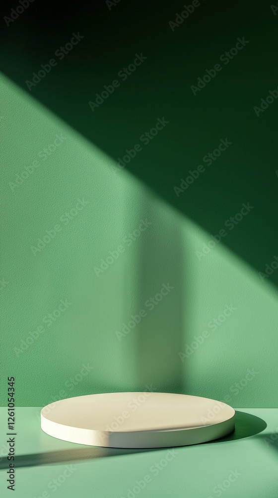 Poster minimalist green background featuring a white round podium, illuminated by soft window light, castin