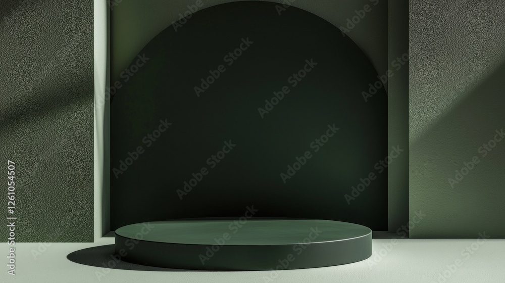 Poster empty green round podium sitting in a minimal studio, with sunlight and shadow playing across the su